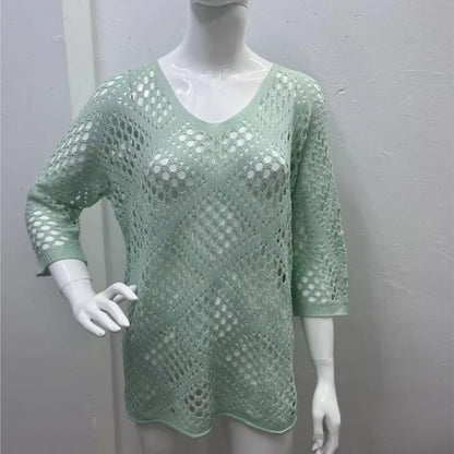 Nieuwe sexy V-hals uitgeholde gebreide trui lente effen halflange mouw cape top pullover herfstmode strandtop voor dames