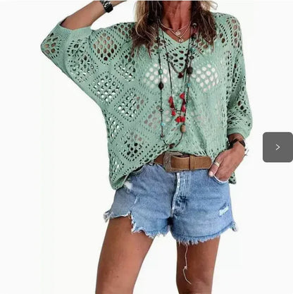 Nieuwe sexy V-hals uitgeholde gebreide trui lente effen halflange mouw cape top pullover herfstmode strandtop voor dames