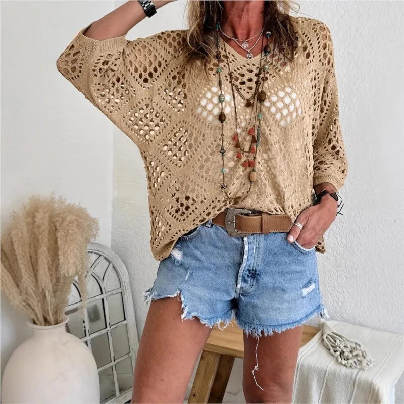 Nieuwe sexy V-hals uitgeholde gebreide trui lente effen halflange mouw cape top pullover herfstmode strandtop voor dames