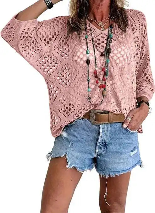 Nieuwe sexy V-hals uitgeholde gebreide trui lente effen halflange mouw cape top pullover herfstmode strandtop voor dames