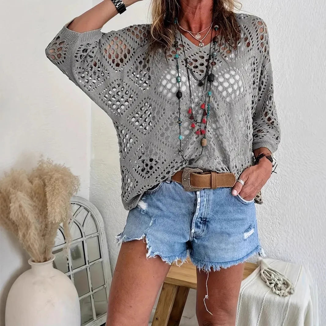 Nieuwe sexy V-hals uitgeholde gebreide trui lente effen halflange mouw cape top pullover herfstmode strandtop voor dames