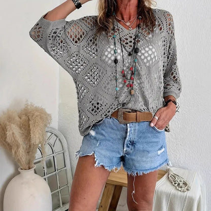 Nieuwe sexy V-hals uitgeholde gebreide trui lente effen halflange mouw cape top pullover herfstmode strandtop voor dames