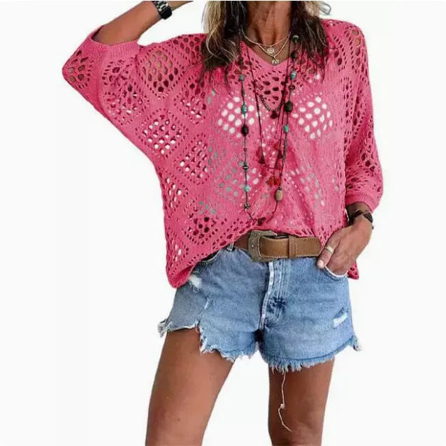 Nieuwe sexy V-hals uitgeholde gebreide trui lente effen halflange mouw cape top pullover herfstmode strandtop voor dames