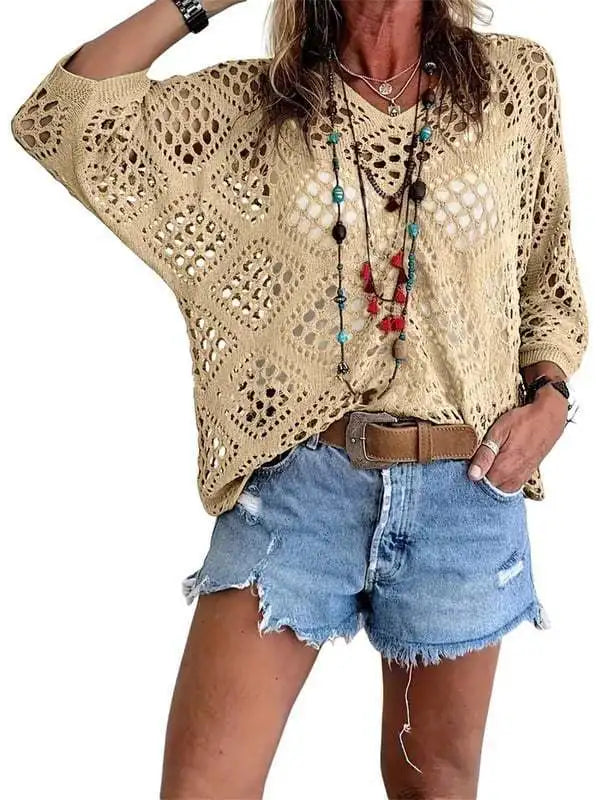 Nieuwe sexy V-hals uitgeholde gebreide trui lente effen halflange mouw cape top pullover herfstmode strandtop voor dames