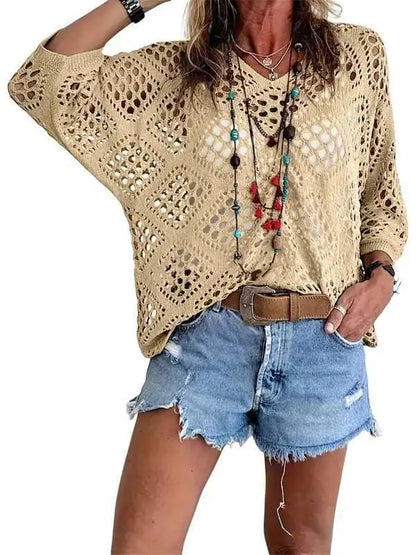 Nieuwe sexy V-hals uitgeholde gebreide trui lente effen halflange mouw cape top pullover herfstmode strandtop voor dames