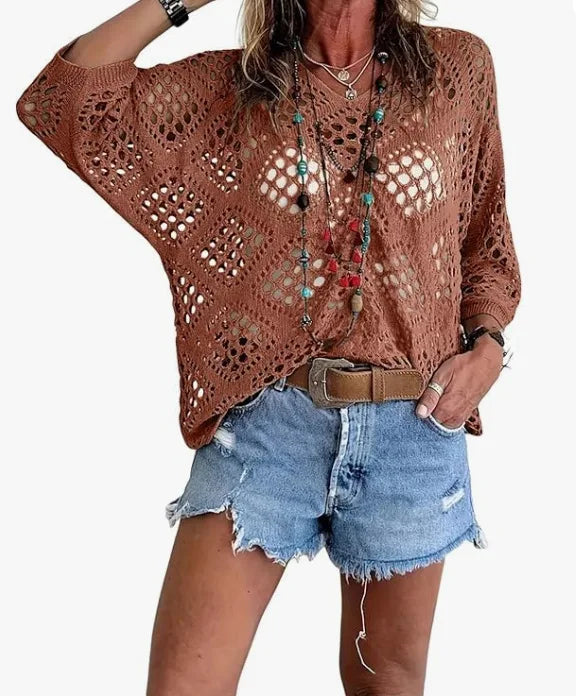 Nieuwe sexy V-hals uitgeholde gebreide trui lente effen halflange mouw cape top pullover herfstmode strandtop voor dames