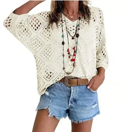 Nieuwe sexy V-hals uitgeholde gebreide trui lente effen halflange mouw cape top pullover herfstmode strandtop voor dames