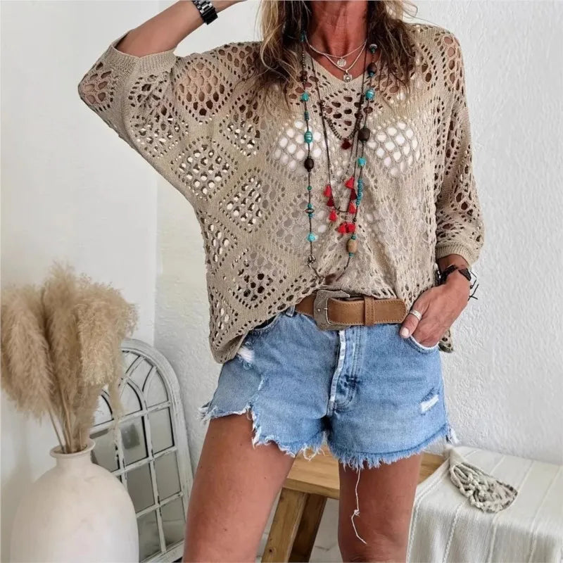 Nieuwe sexy V-hals uitgeholde gebreide trui lente effen halflange mouw cape top pullover herfstmode strandtop voor dames