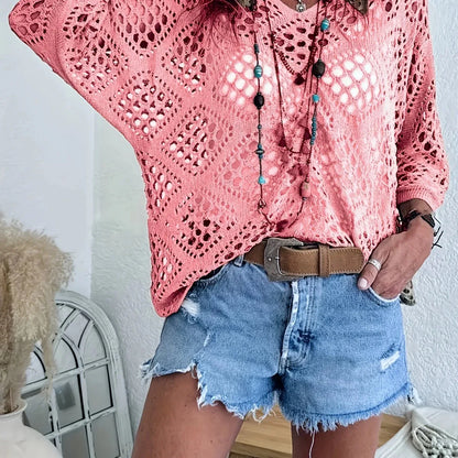 Nieuwe sexy V-hals uitgeholde gebreide trui lente effen halflange mouw cape top pullover herfstmode strandtop voor dames