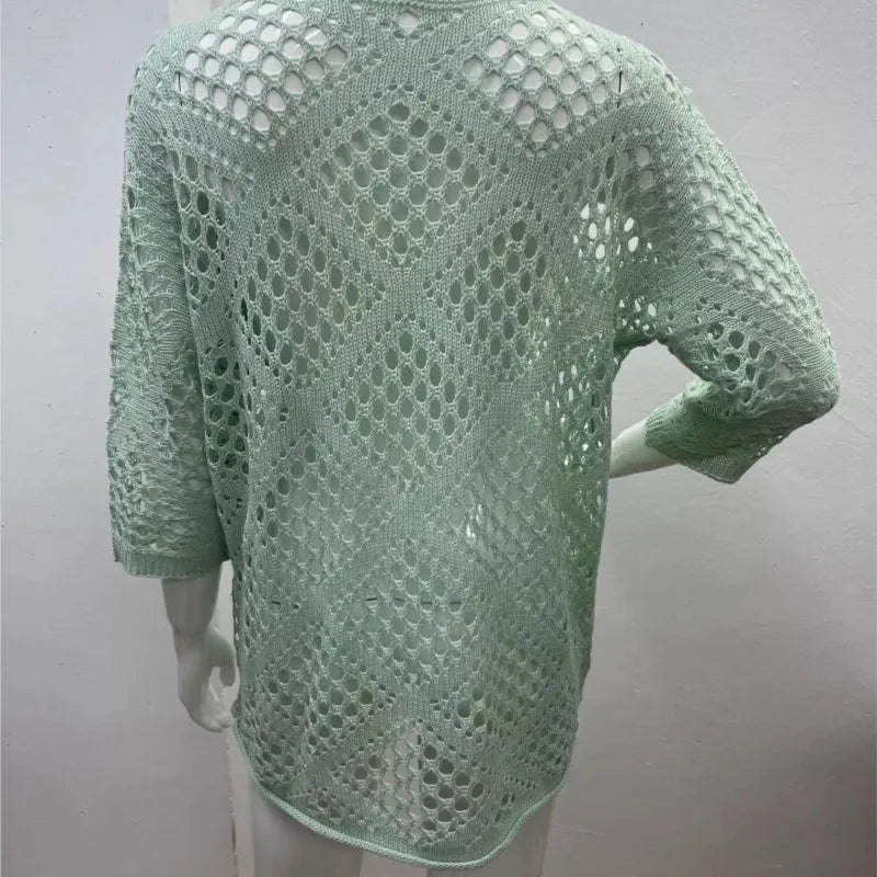 Nieuwe sexy V-hals uitgeholde gebreide trui lente effen halflange mouw cape top pullover herfstmode strandtop voor dames