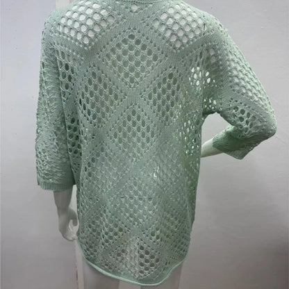 Nieuwe sexy V-hals uitgeholde gebreide trui lente effen halflange mouw cape top pullover herfstmode strandtop voor dames
