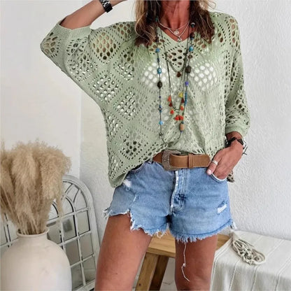 Nieuwe sexy V-hals uitgeholde gebreide trui lente effen halflange mouw cape top pullover herfstmode strandtop voor dames