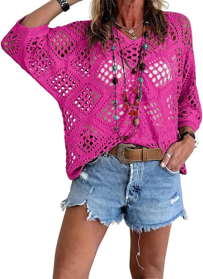 Nieuwe sexy V-hals uitgeholde gebreide trui lente effen halflange mouw cape top pullover herfstmode strandtop voor dames