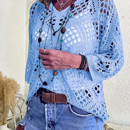 Nieuwe sexy V-hals uitgeholde gebreide trui lente effen halflange mouw cape top pullover herfstmode strandtop voor dames