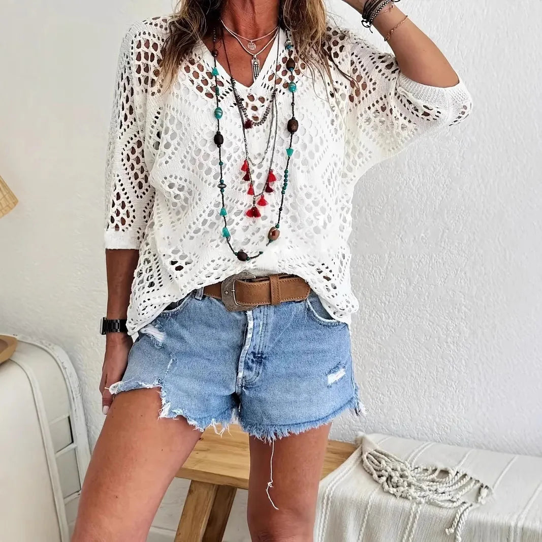 Nieuwe sexy V-hals uitgeholde gebreide trui lente effen halflange mouw cape top pullover herfstmode strandtop voor dames