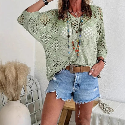 Nieuwe sexy V-hals uitgeholde gebreide trui lente effen halflange mouw cape top pullover herfstmode strandtop voor dames