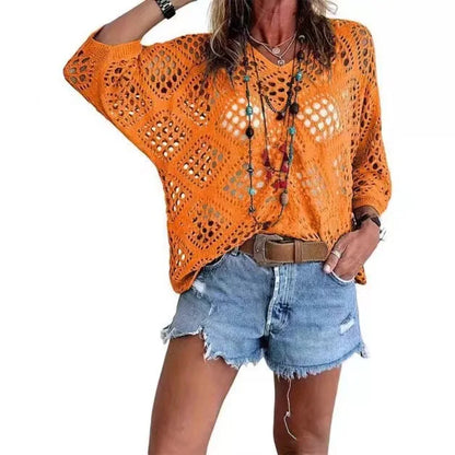 Nieuwe sexy V-hals uitgeholde gebreide trui lente effen halflange mouw cape top pullover herfstmode strandtop voor dames